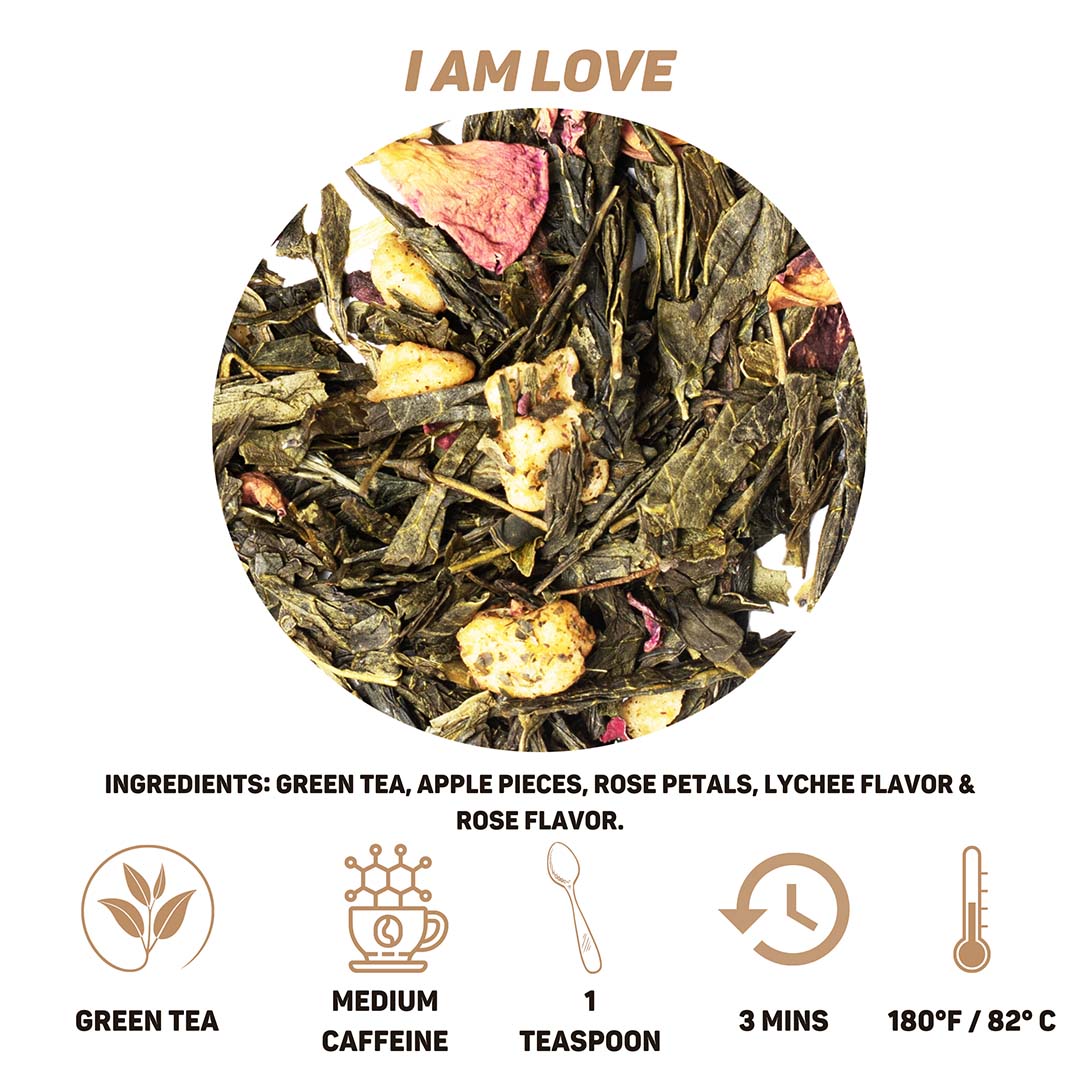 I am Love - Exquisite Green Tea Blend, with Rose Petals, Apple Pieces and Lychee Flavor - a Delightfully Refreshing and Romantic Tea Experience. 5 oz pouch.